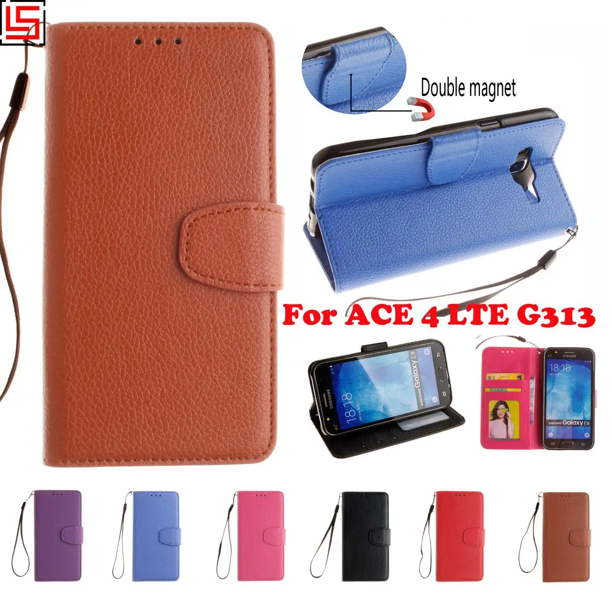 

PU Leather Lather Flip Clamshell Wallet Walet Phone Case Cover For Samsung Sansung Sumsang Galaxy ACE 4 ACE4 LTE G 313 G313