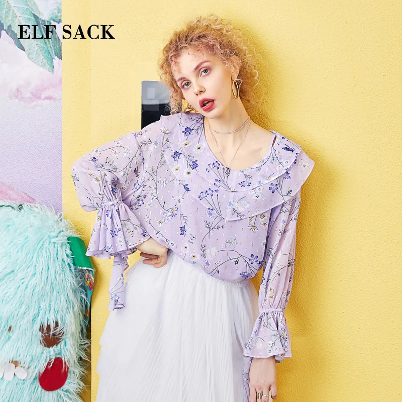 

ELF SACK 2019 Summer Shirts Woman Ruffle Flare Sleeve Blouse Female O-Neck Oversized Chiffon Shirts Ladies Streetwear Tops