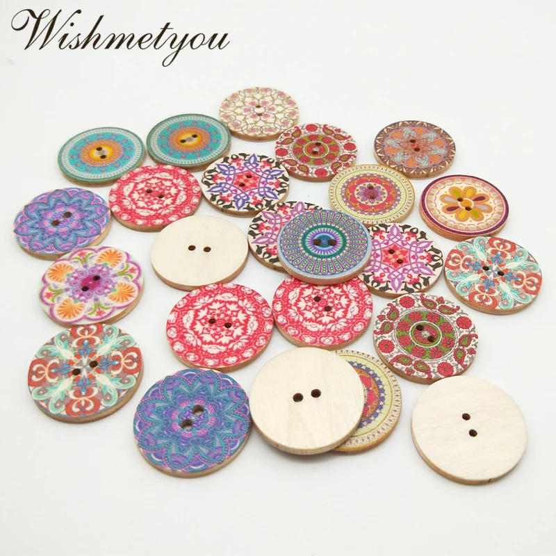 

WISHMETYOU 50pcs 25mm Vintage Flowers Wooden Buttons For Diy Scrapbooking Colorful Sewing Buttons Handmade Clothes Accessories