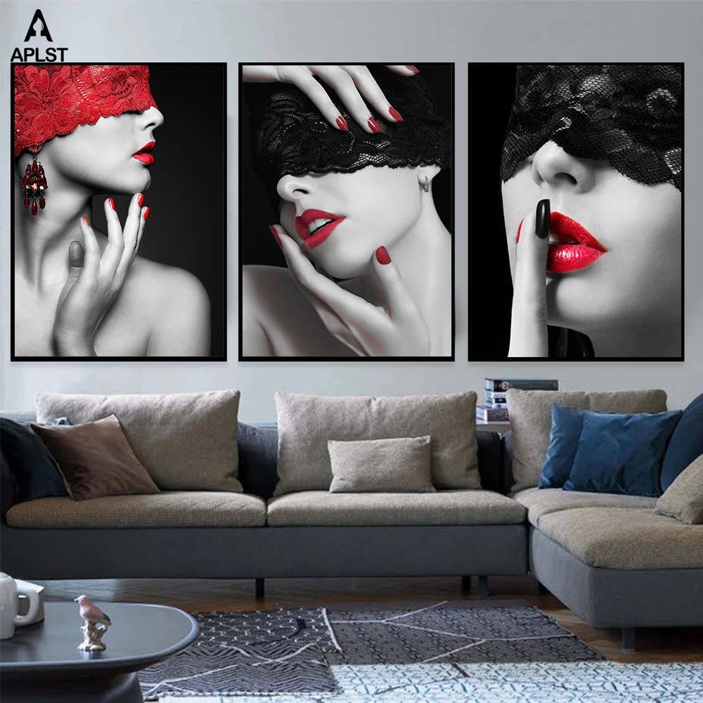 

Sexy Red Lip Lace Mask Naked Woman Canvas Painting Prints Black and White Nude Women Printing Poster Wall Art Bedroom Decoration