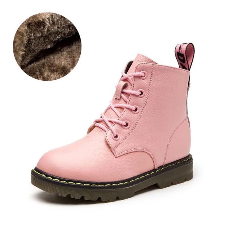 Осень-зима, модные ботинки для мальчиков, Ботинки martin из натуральной кожи, Детские Резиновые Нескользящие кроссовки, обувь для мальчиков и девочек - Цвет: Pink Thick Fur