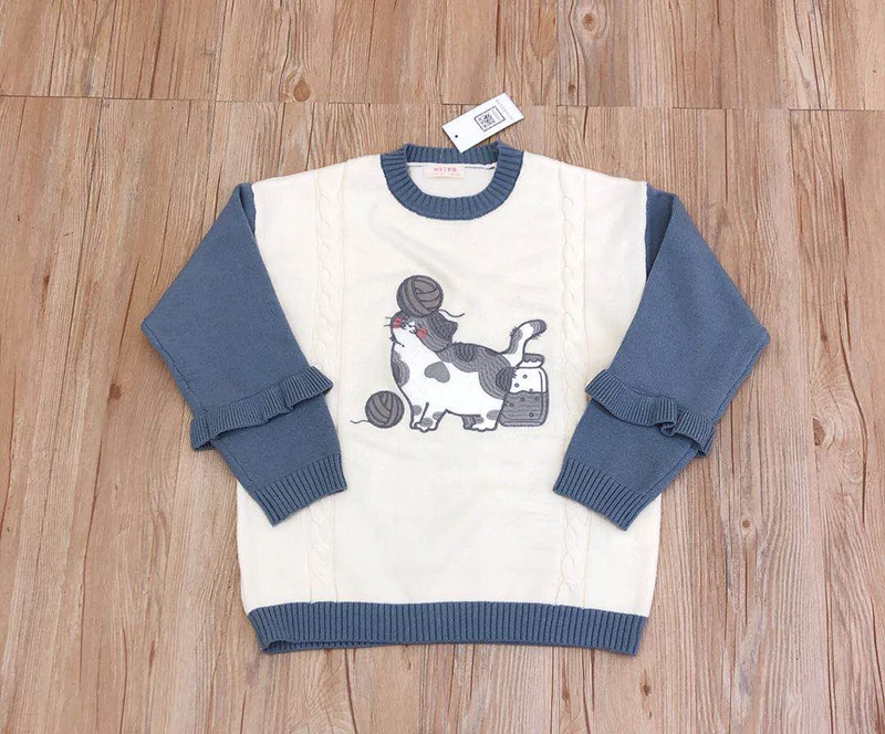 

Cat & Yarn Ball Cute Girls Womens Knitted Sweater Pullovers Long Sleeve Fall,Winter Sweaters 2018 Autumn Blue & White Patchwork