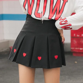 

2018 Autumn New Women Miniskirt Japanese Style Intitute Wind Cute Heart-shaped Embroidery Pleated Skirts Female High Waist Jupe