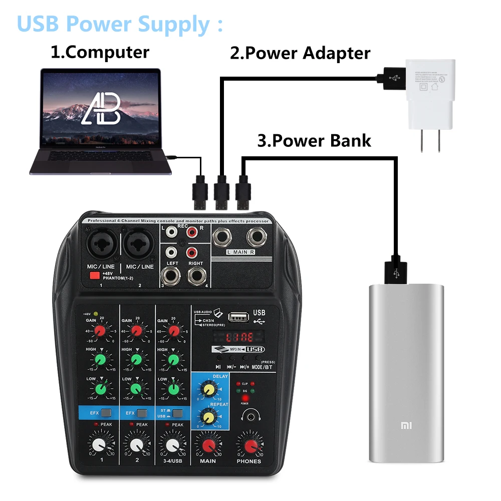 A4 4 канала аудио микшер звук микшерный пульт с Bluetooth USB Запись 48 В Phantom power Monitor Пути Плюс эффекты