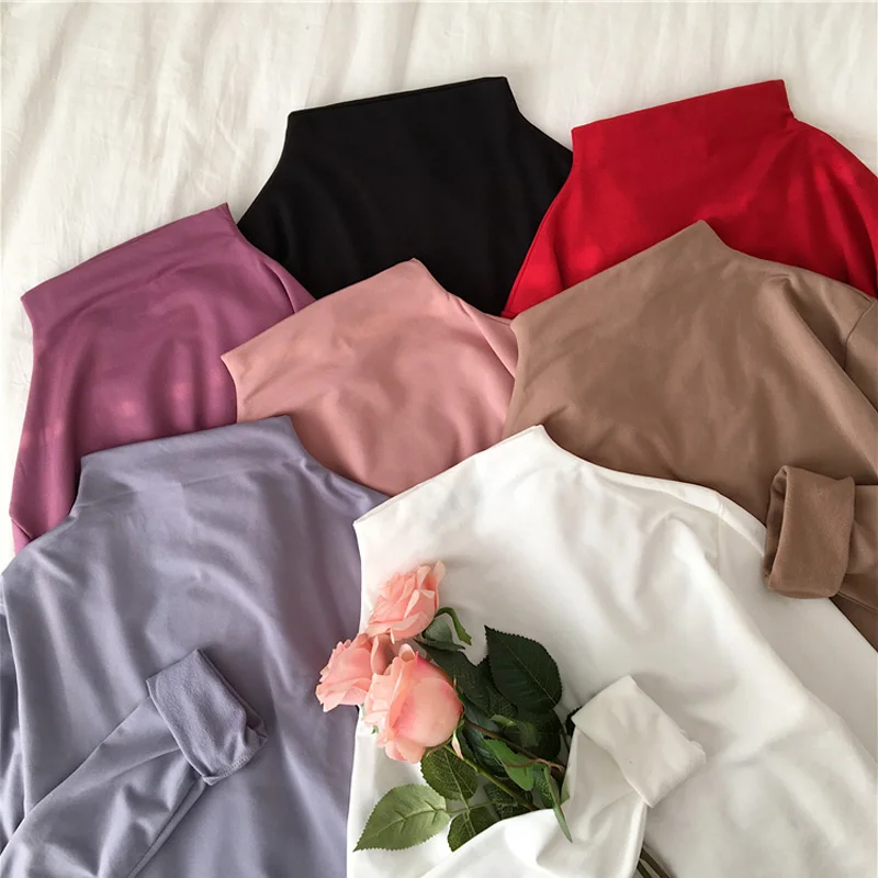 

Autumn and winter Korean version of the basic solid color tops half-high collar plus velvet warm Slim thin long-sleeved tops