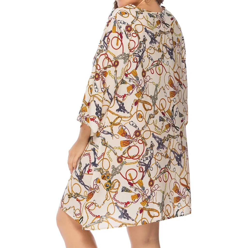 SAGACE, модное женское сексуальное платье, плюс размер, с цепочкой, три четверти, с круглым вырезом, свободное платье, полиэстер, летнее, повседневное, для путешествий, 17 июля