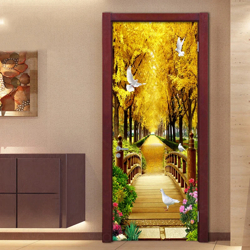 Photo Wallpaper 3D Golden Forest Nature Landscape Murals PVC Self-Adhesive Wall Stickers Living Room Waterproof 3D Door Sticker