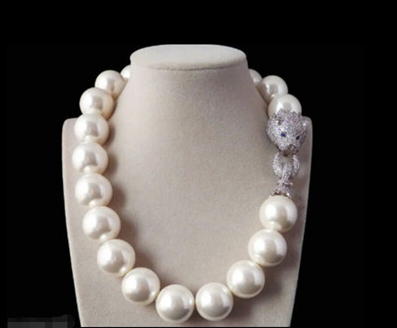 

FREE SHIPPING Rare 20mm White Shell Pearl Necklace Belt White Leopard Head CZ Clasp ^^^@^Noble style Natural Fine jewe &
