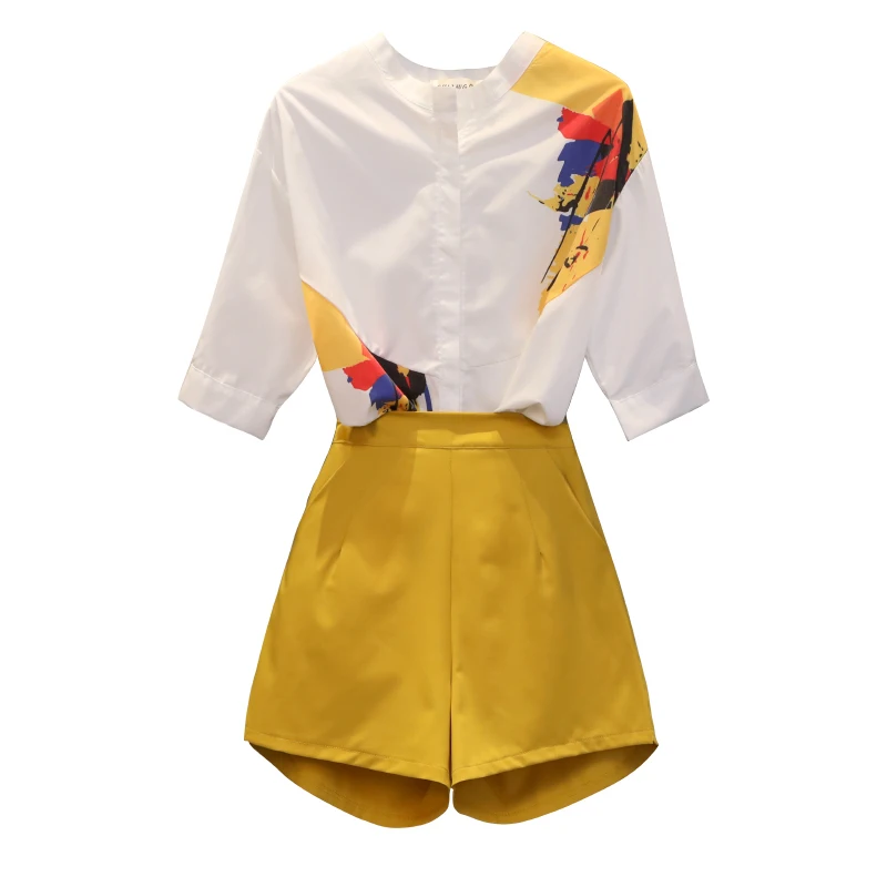 

5XL Large Size Women Summer Clothing Suit Graffiti Shirts White Blouses +elastic Waist Wide Leg Pants Shorts Casual 2 Piece Sest