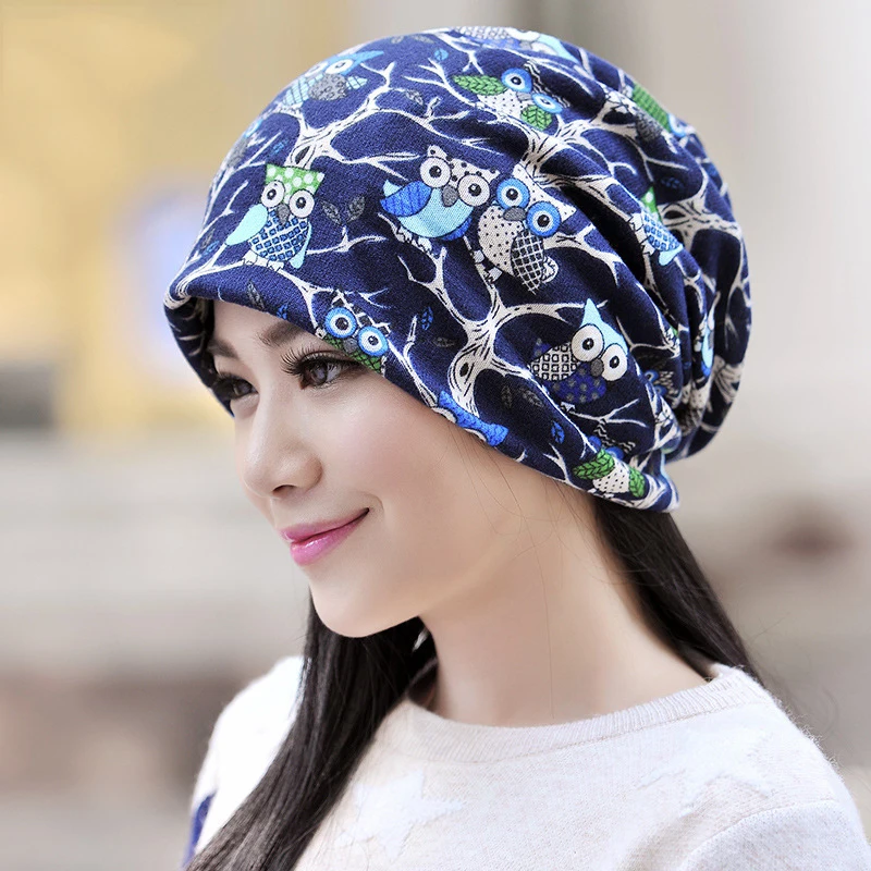 Fashion Women Winter Beanie Turban Hats Owl Pattern Slouchy Cap Knitting Double Layers Caps Flower Hat Scarf