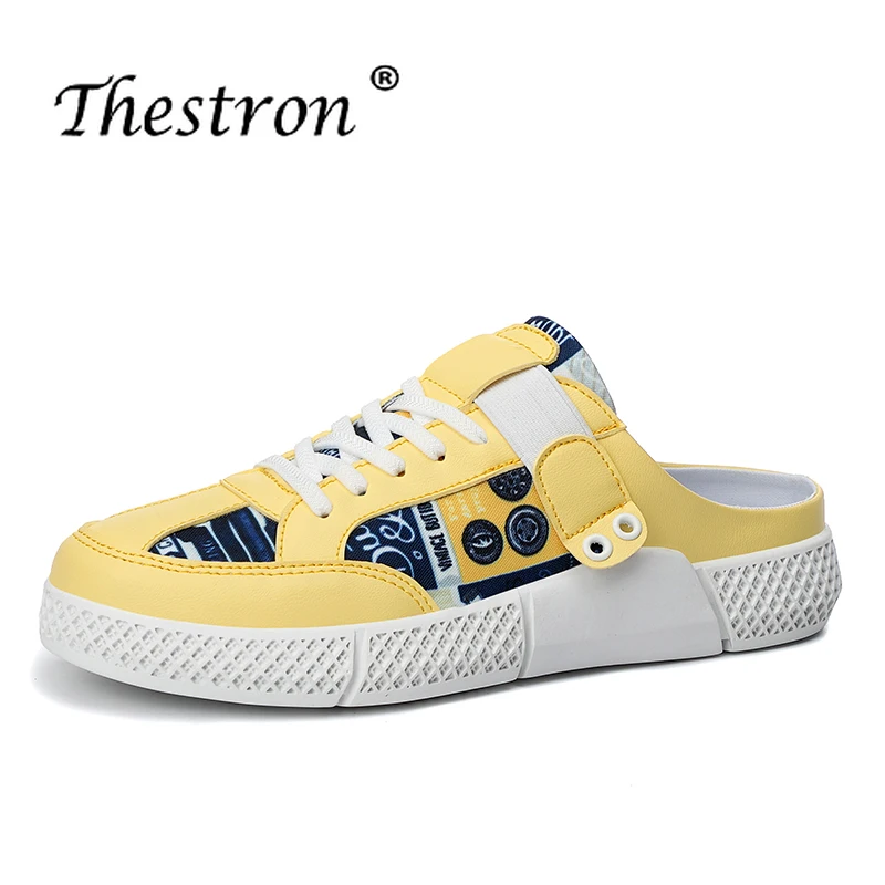 

2019 Summer Youth Fashion Mens Shoes Half Drag Leather Shoes yellow Black Flats Casual Shoes Comfortable Half slippers For Men