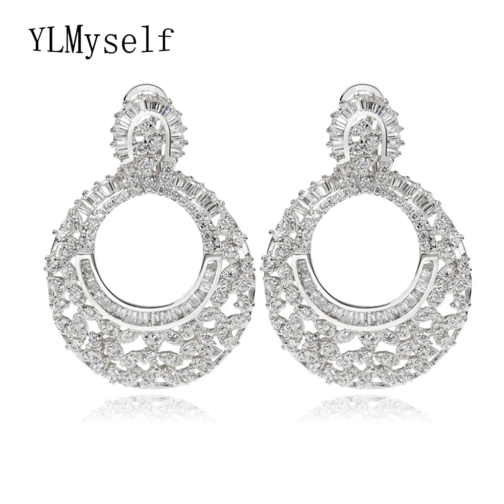 Bridal dangle earrings Round design Luxury jewelry Gold and White color Cubic Zirconia crystal Women large earring