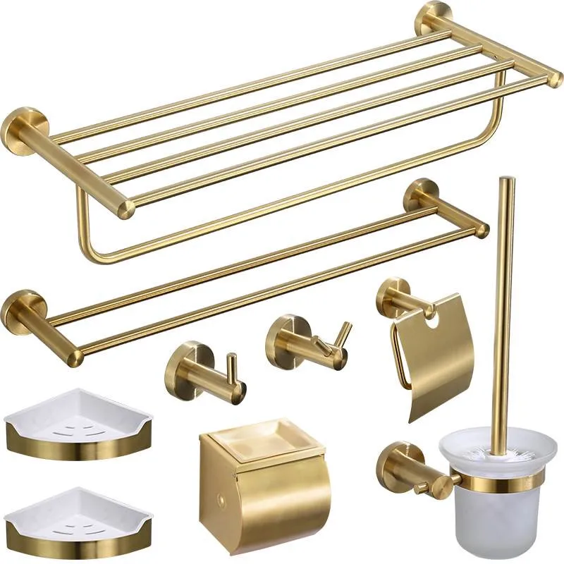 

Bath Hardware Accessory Set Brushed Gold 304 Stainless Steel Tissue Holder Towel Rack Bar Toilet Brush Corner Shelf Robe Hooks