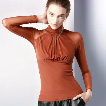 

ACRMRAC Women T-Shirts Spring and Autumn Tops Tees Slim Mesh Solid color Short sleeve Turtleneck Sexy T-Shirts Women