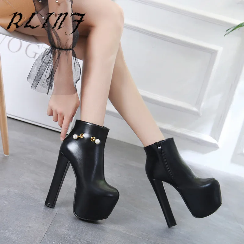 

RLINF16cm Super High Heel with Pearl Decoration Noble Simulation Leather Low Tube Female Short Boots