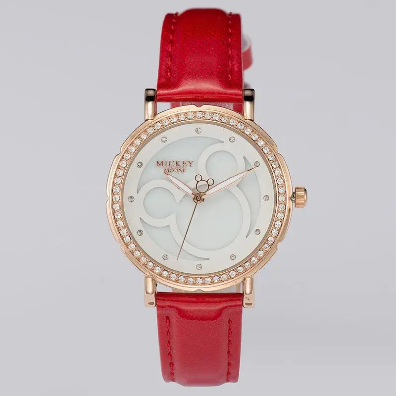 Роскошные бриллиантовые водонепроницаемые женские часы в оригинальной коробке от бренда disney, белые кварцевые часы из натуральной кожи для женщин с Микки Маусом - Цвет: 2