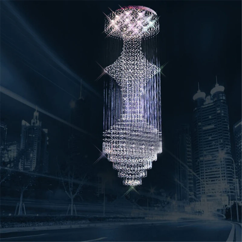 

K9 Crystal Stair Chandeliers GU10 LED Modern Creative Spiral Art Deco Suspension Lighting Hotel Villa Lobby Large Hanging Lamp