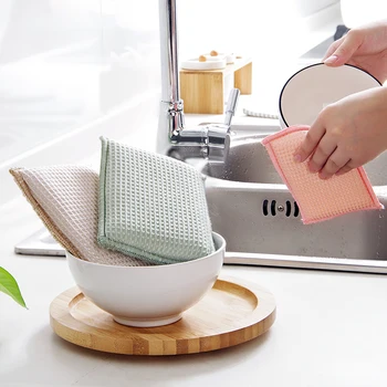 

5 PCS Multifunctional Cleaning Cloth Oil Wash Cloth Double-Sided Bamboo Fiber Filled Sponge Scouring Pad Cleaning Tool /13X9CM