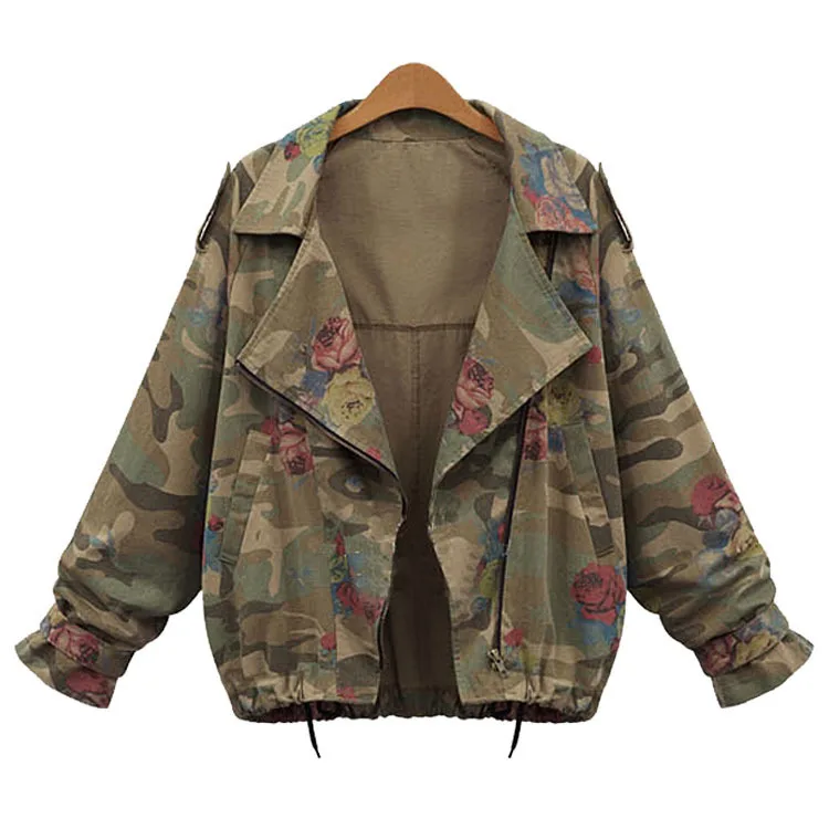 2018 Autumn women camo military jacket rose print loose camouflage coat lapel jacket outerwear womens plus size XXXL 4XL