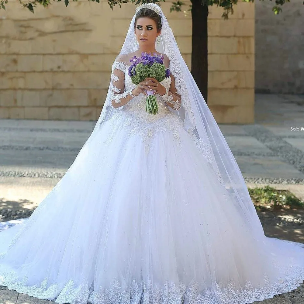 Fancy Lace Muslim Wedding Dresses Long Sleeve Tulle Court Train Appliques Beading Ball Gown Basque 2017 New Vestido De Niove | Свадьбы и