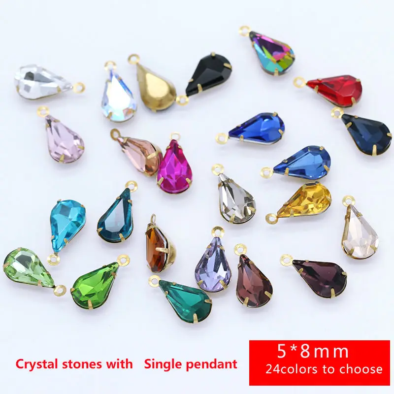 

20p 5x8mm Framed faceted glass teardrop Pendants Beads Earrings Necklace Garment Connectors brass setting 1 Hole jewelry making