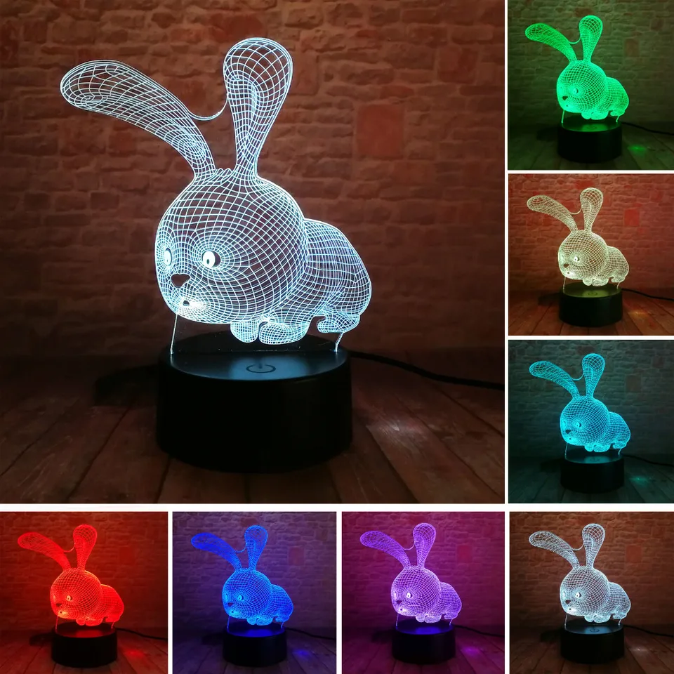 LED Light Rabbit Gifts Rose Base Desk Lamp 7 Colors Changing Cake Topper Decorations
