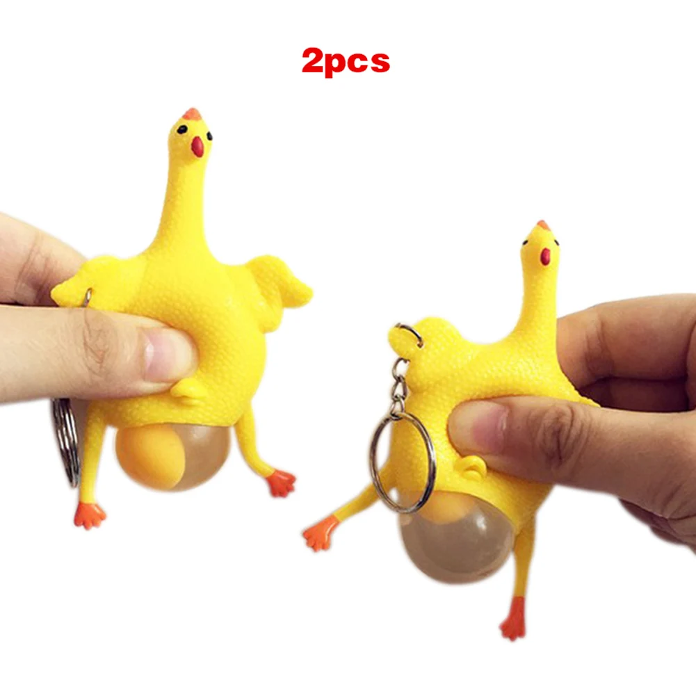 

2 Pcs Hens Chicken Laying Egg Keychains Sticky Venting Prank Squeeze Relief Tricky Keyrings YJS Dropship