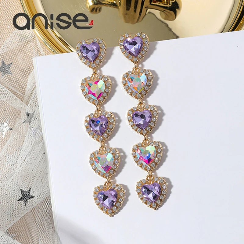

Anise Luxury Love Heart Crystal Drop Earrings For Woman Multicolor Rhinestone Tassel Long Dangle Earring Female Wedding Jewelry