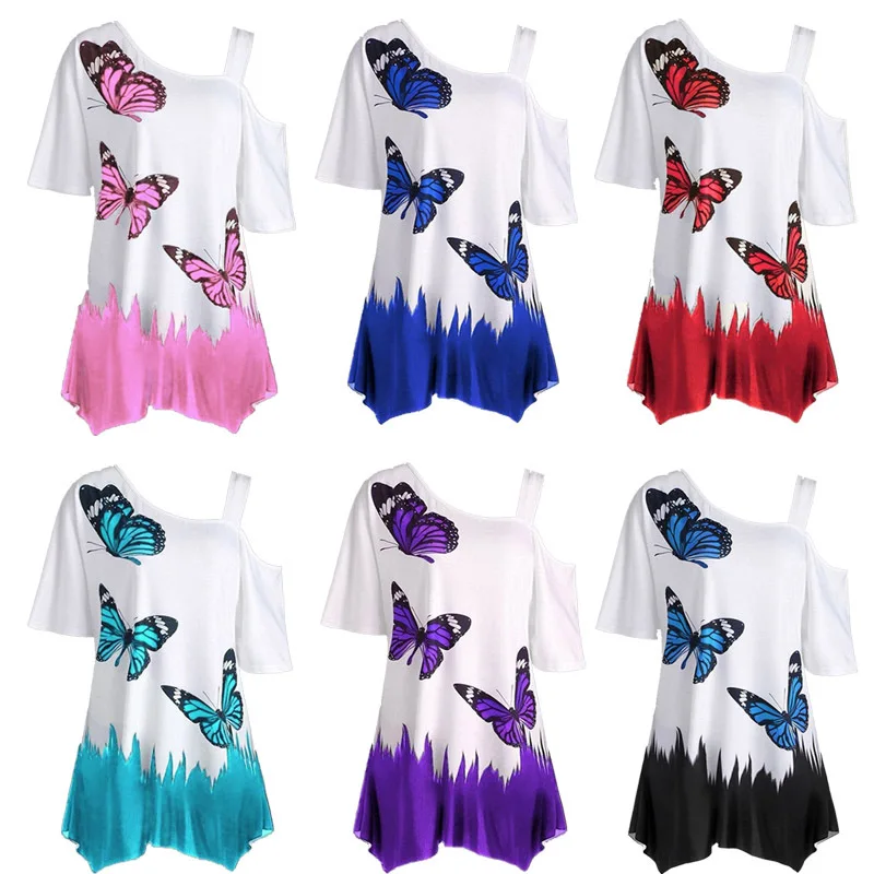 

2019 summer ladies explosion digital print butterfly shoulder strap ladies T-shirt