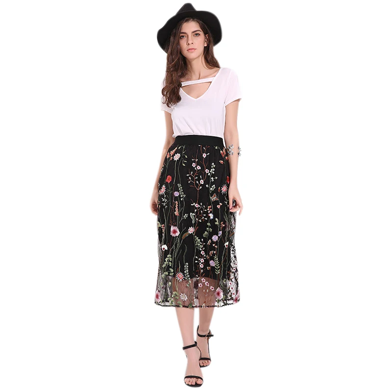 

ELOS-Women Fashion Vintage Long Skirts Elegant Black Lace Floral Embroidered Mesh Skirt Ladies Casual High Waist A Line Midi S