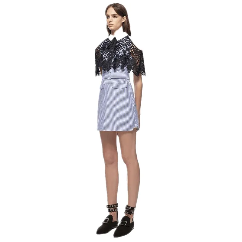 

BLLOCUE High-End Custom Self Portrait Runway Dress Runway 2018 Autumn Women Striped Splice Lace Hollow Out Dress