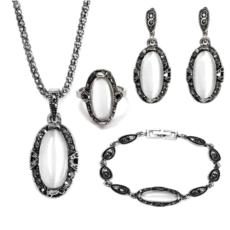 

Hesiod Antique Silver Retro Crystal Opal Jewelry Sets Necklace Drop Earrings Bracelet Ring Set For Women Christmas Gift