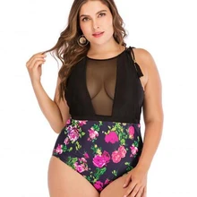 Размер плюс, фатин купальник женский розовый принт купальники большого размера Женский Цельный купальник с высокой талией Монокини сетка купальный костюм