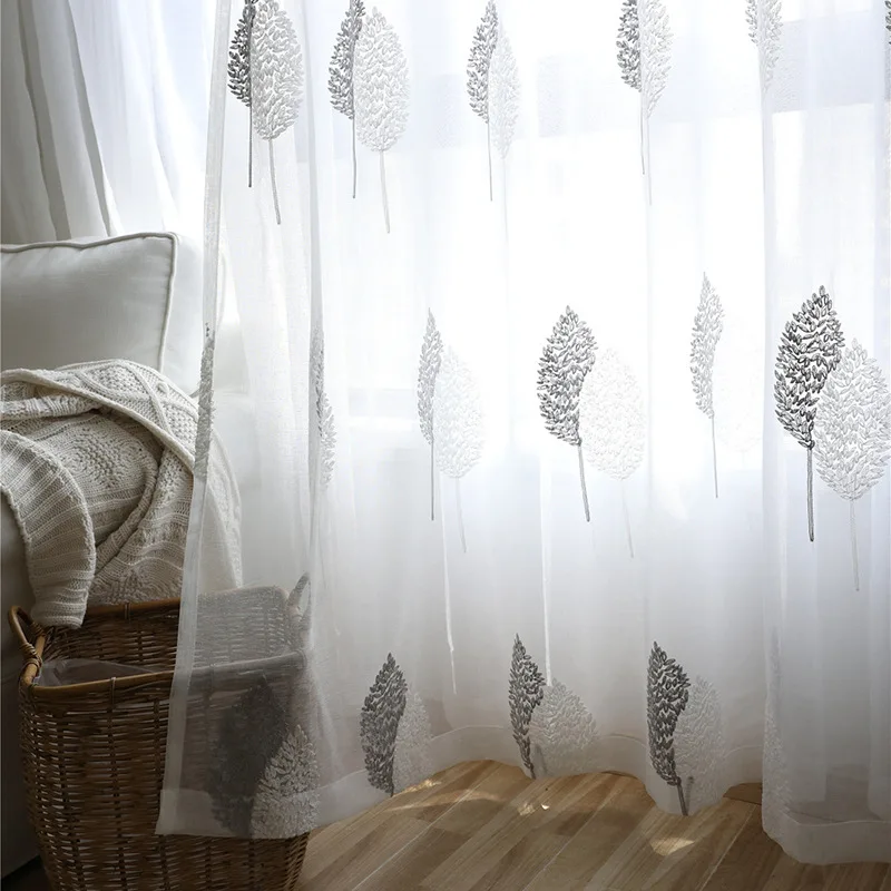 Белый серый Banyan Листья Вышивка окна шторы прозрачная Тюль Спальня шторы Nordic Стиль занавески пряжи Вуаль для Гостиная