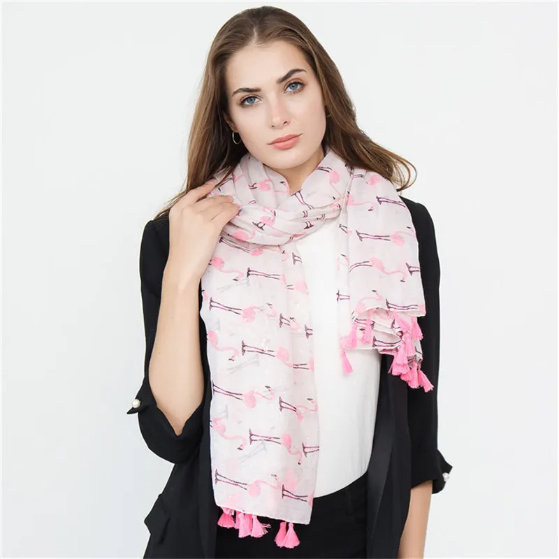 2018 Women Spring Autumn Printed Scarf New Flamingo Pattern Shawl Fashion Travel Tassel Cotton Linen Scarves For Girls | Аксессуары для