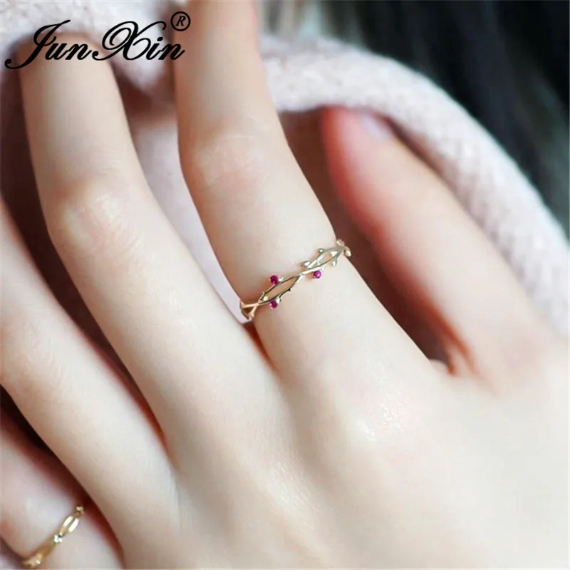 JUNXIN Dainty Rose Red Zircon Eternity Rings For Women 925 Silver Yellow Gold Small Crystal Stackable Wedding Thin Ring Female