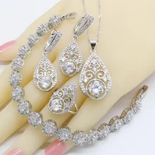 925 пробы, Серебряные Ювелирные наборы с браслетом для женщин, белые циркониевые серьги, кольца, ожерелье, кулон, подарок на день рождения, свадьбу