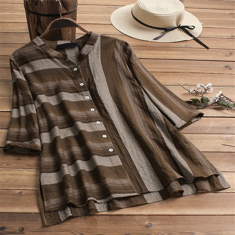  2019 Best Selling Loose Button Casual Shirt Women's Cardigan Fashion Striped Women's Shirt Collar C