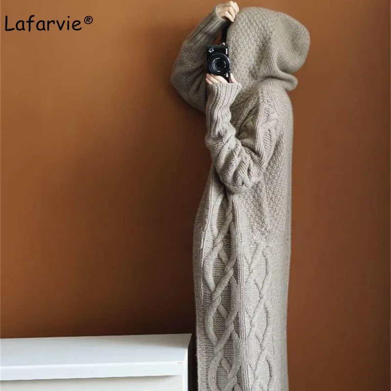 Lafarvie Thick Cashmere Blended Knitted Sweater Cardigan Women Coat Autumn Winter Hooded Collar Plaid Long Coat Knitting Outwear