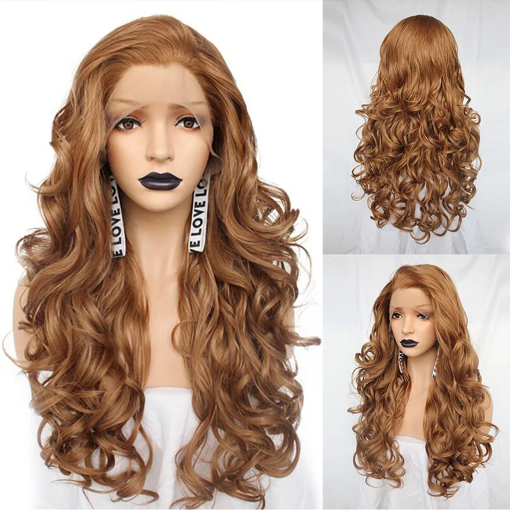 

Factory price 1pc Women Fashion Lady Orange Gold Lace Front Wavy Long Wig Curly Synthetic 26inch Party Wigs Stand Mar14