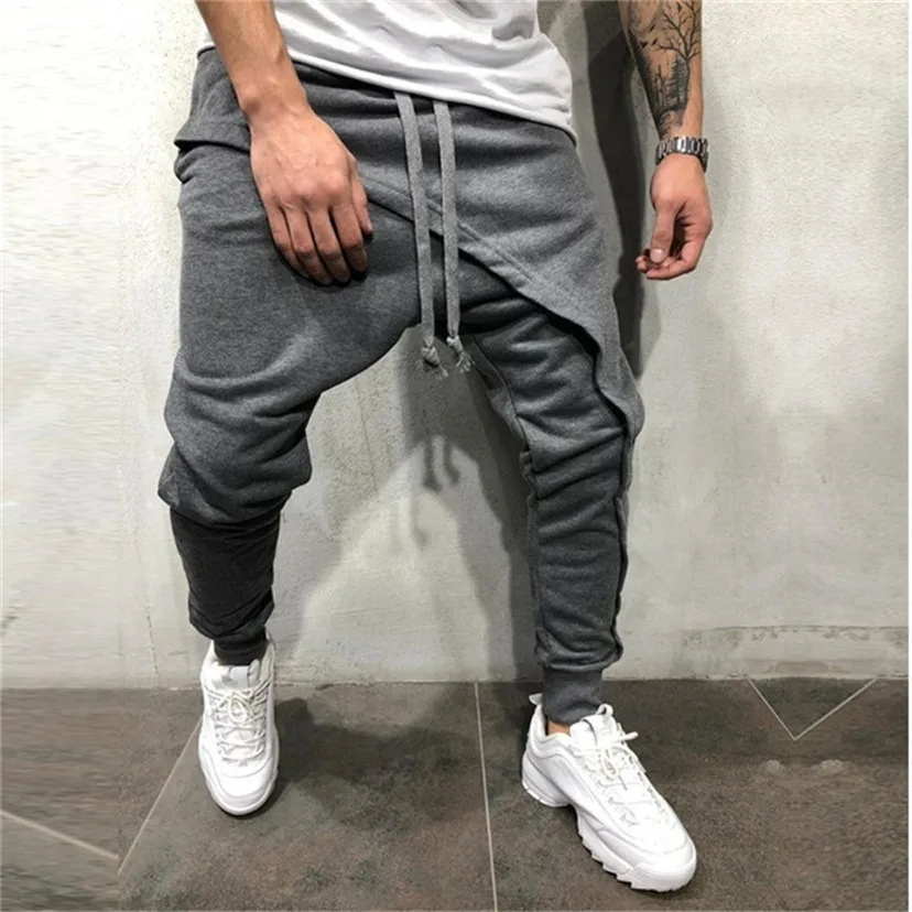 men pencil trouser Men Asymetric Layered Jogger Pants Hip Hop Streetwear Jogger Pants Casual Drawstring Close Bottom Pants