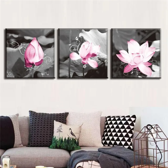 Gorgeous Pink Lotus Black And White Canvas Art Print On Set Gorgeous Pink Lotus Black And White Canvas Art Print On Set Of 3 Modern Home