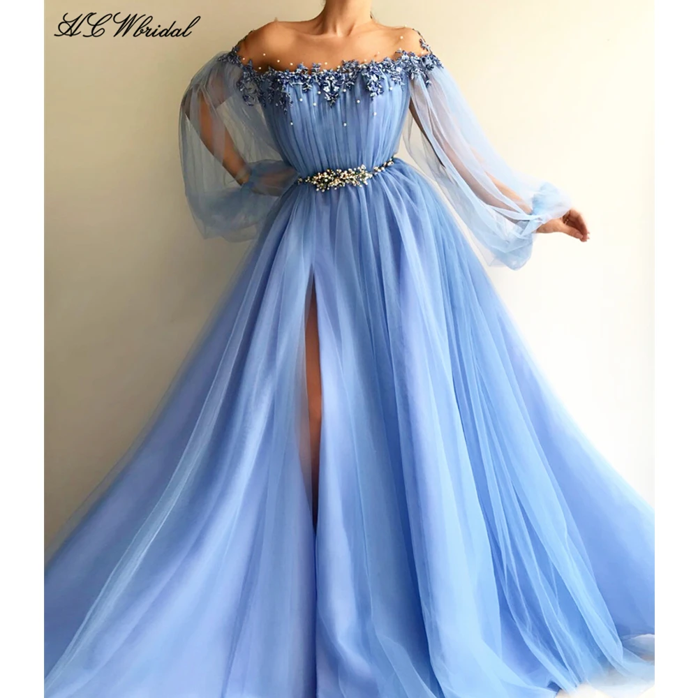 Baby Blue Long Sleeve Evening Dress Exquisite Pearls Lace Tulle High ...