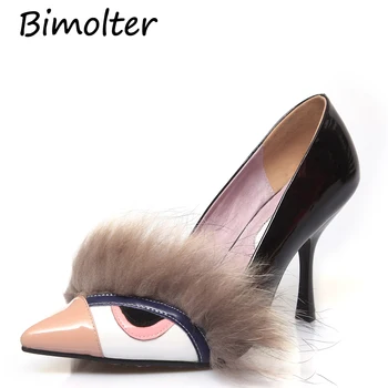 

Bimolter Fur Decor Women's Animal Pumps Pointed Toe Novelty Fashion Thin Heels Party Dress Shoes Leather Evening Prom Shoes C073