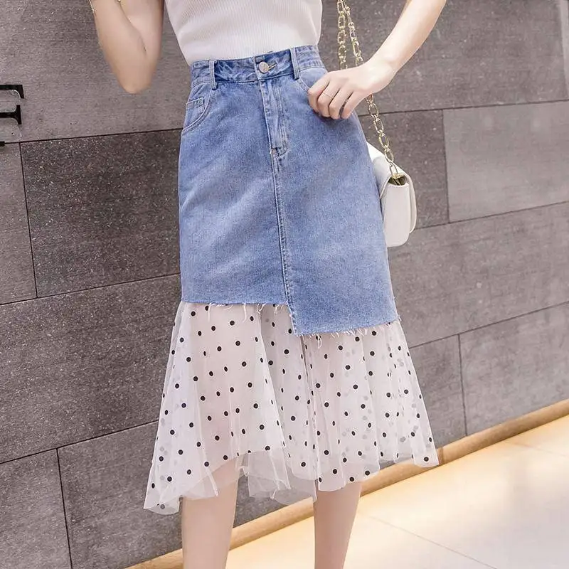 

2019 summer new women clothes Korean Style Denim skirt with irregular corrugated mesh women's denim skirt, A263