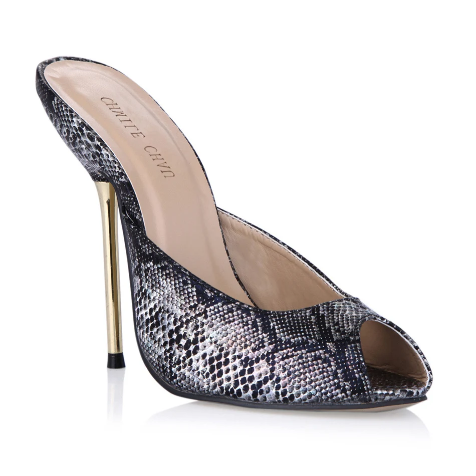 CHMILE CHAU/пикантная вечерняя Обувь из змеиной кожи; женские шлепанцы на высоком каблуке-шпильке с открытым носком; большие размеры 10; zapatos mujer; 3845-FA9