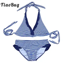 TiaoBug для детей и подростков Синий Полосатый Танкини купальный костюм ремешки, уздечка Женский плавательный костюм с трусы бикини ванный комплект пляжная одежда