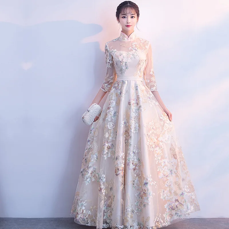 

Lace Floral High Quality Women Dresses Champagne Mandarin Collar Elegant Cheongsam Chinese Style Long Qipao Plus Size S-5XL