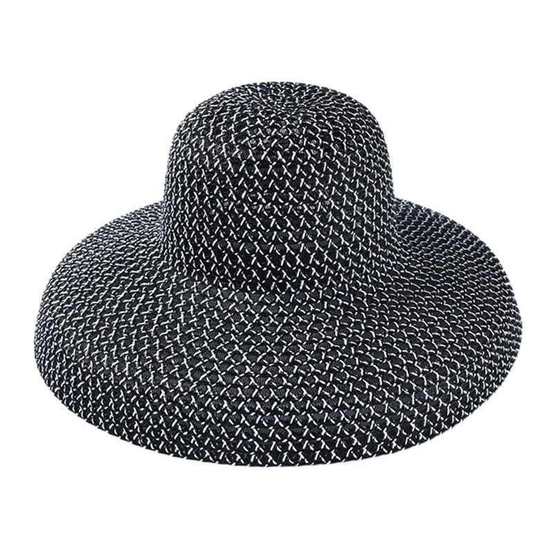

NEW-Retro Round Top Big Straw Hat Ladies Sun Hats Travel Holiday Visor Hats Vintage Women Beach Hat Black