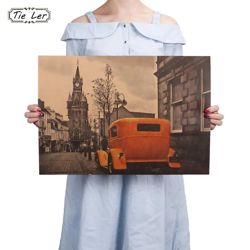 

Yellow Vintage Car London Street Poster Kraft Paper Bar Poster Retro Poster Decorative Painting Wall Stickers 51.5X36cm